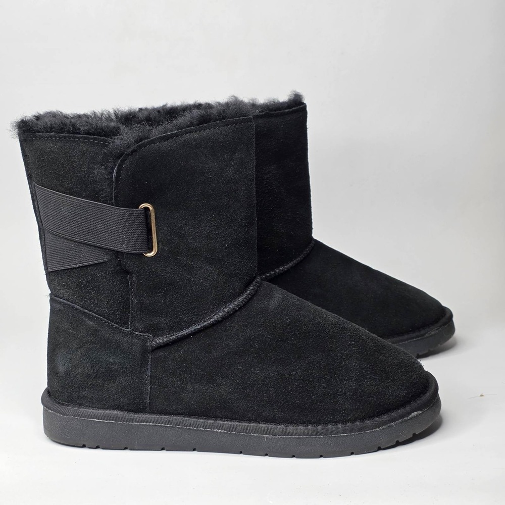 Serra Women's Winter Boots Size 9 Black Suede Lamb Fur Pull On Snow Shoes Buckle